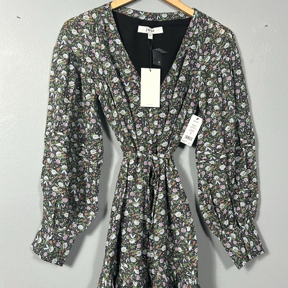 Joie Gabrielle Midi Cotton Tiered Skirt Balloon Sleeves Belted V Neck Dress sz 4 - Picture 11 of 17